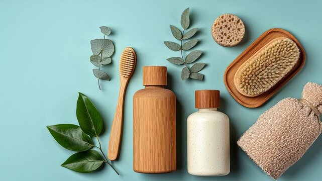 Eco friendly bathroom products flat lay.