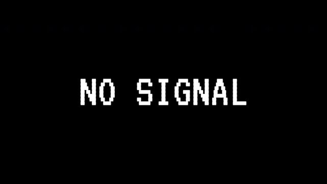 No signal broadcast pixelated white letters depict common digital issue phrase. Suitable for tech blogs, presentations, or social media posts.
