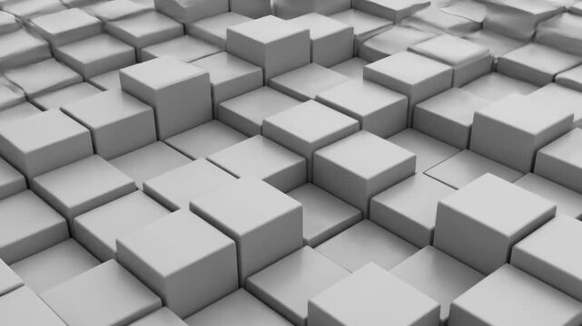 Monochromatic CGI animation of shifting white cube blocks in grid pattern, dynamic wave-like motion