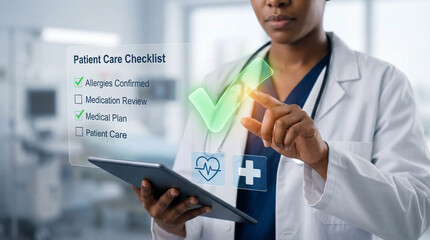Female doctor holding tablet and using digital patient care checklist with green checks in medical office, healthcare workflow and EHR virtual interface in hospital