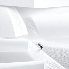 Minimalist monochrome image two figures walk on abstract, layered forms, textured white surface