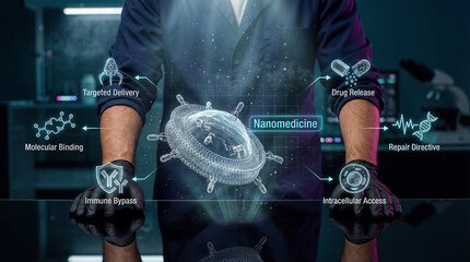 Nanomedicine and targeted drug delivery concept with scientist using virtual interface showing molecular binding, intracellular access and immune bypass visualization in futuristic biotech environment