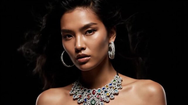 Elegant Woman Adorned With Exquisite Diamond and Emerald Jewelry.