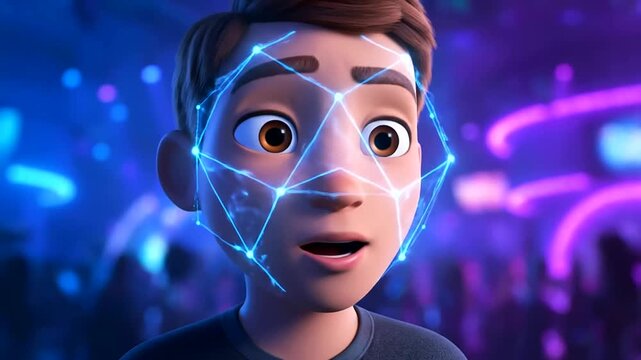 character's face is scanned by glowing blue facial recognition technology, vividly illustrating Biometric Identity Verification for secure digital access in a futuristic tech environment.