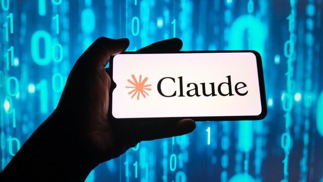 Hand holding smartphone displaying the claude ai logo against a background of blue digital binary code data stream