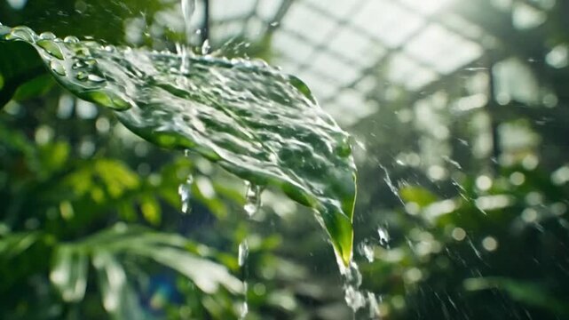 Rainwater Gently Cascading onto Lush Green Leaf, Forming Droplets in a Tropical Greenhouse Setting