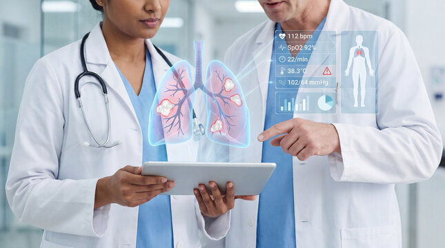 Doctors analyzing holographic lungs showing infection and monitoring symptoms with futuristic medical data interface - Powered by Adobe