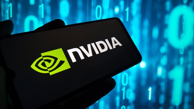 Nvidia logo displayed on a smartphone screen against a blue digital background with binary code