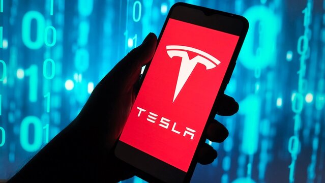 Hand holding smartphone displaying tesla logo against a blue digital binary code background, concept of technology and electric vehicles