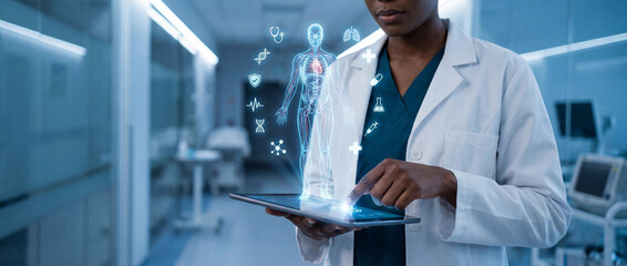 Doctor using digital tablet with holographic anatomy model and medical icons for AI-driven healthcare and clinical innovation in hospital corridor