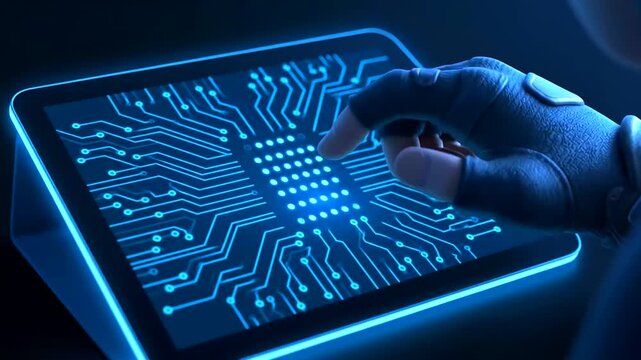 Futuristic hand interacts with a glowing digital circuit on a tablet, symbolizing advanced Biometric Identity Verification for secure data access and technology.