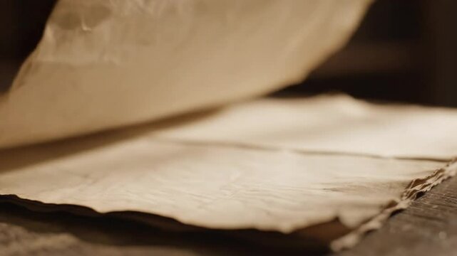 Closeup of old parchment paper being flipped over and layered on a dark wooden surface in a soft-lit indoor setting