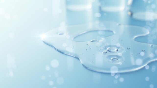 Ambient realistic cosmetic abstract background, luxury blue hydrating serum texture with translucent oil bubbles suspended in water, soft natural light, calming wellness mood