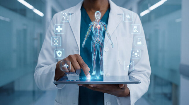 Doctor using digital tablet and interacting with holographic human anatomy model and medical icons for virtual health technology and clinical innovation