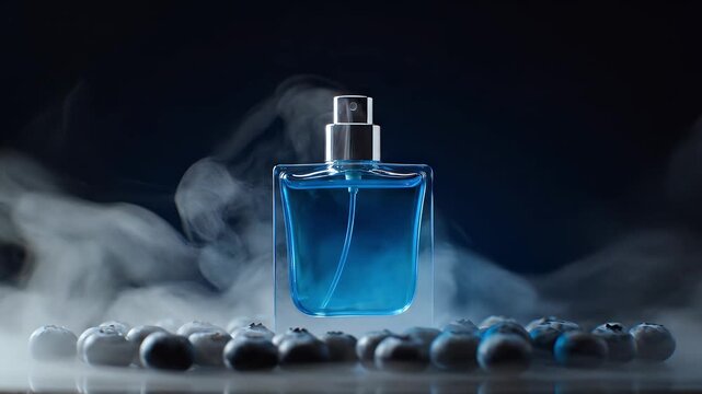 A sleek rectangular blue perfume bottle stands prominently amidst smoky tendrils on a dark background.