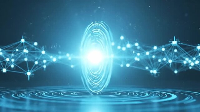 Abstract technology background with glowing circle and connected dots, representing innovation and connectivity.