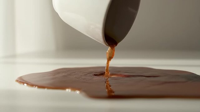 Dark coffee spills from a tipped white ceramic mug onto a bright, pristine white surface, creating a noticeable mess.