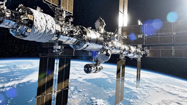A space station orbits Earth with solar panels extended, set against a backdrop of stars and a curved horizon