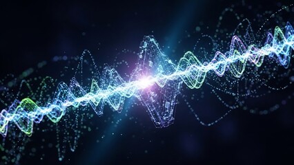 A vibrant abstract energy wave composed of glowing particles, radiating light and motion against a dark background.
