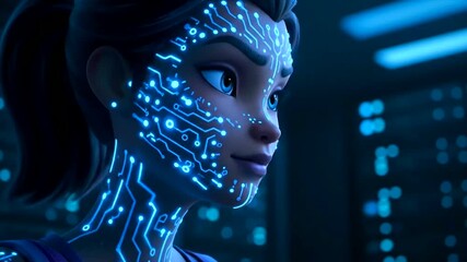 Captivating animated character with glowing blue circuit patterns across her face symbolizing advanced artificial intelligence and secure Biometric Identity Verification in a futuristic digital world. - Powered by Adobe