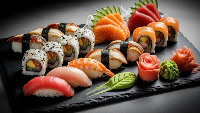 A beautifully arranged platter of assorted Japanese sushi and sashimi, featuring various rolls, nigiri, and raw fish slices.