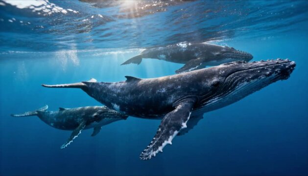 Cinematic panning shot of whale pod swimming in synchronization for world whale day and majestic marine wildlife conservation background