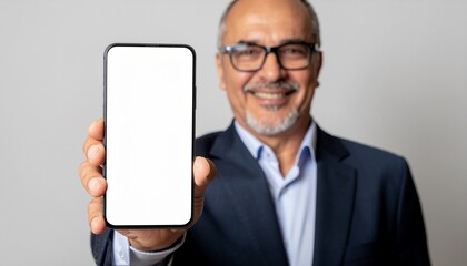 A cheerful man in a suit presenting a blank smartphone screen