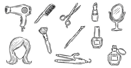 Hand drawn line art beauty and styling tools set featuring hair care equipment, makeup accessories, and personal grooming items for fashion, salon, and cosmetic themes
