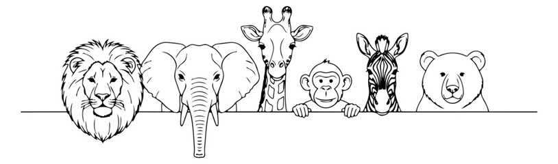 Fototapeta premium Hand drawn line art wild animal set featuring a lion, elephant, giraffe, monkey, zebra, and bear peeking for children's design and education