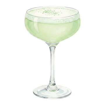 Cucumber Foam Gimlet Cocktail Watercolor Vector Illustration Isolated on White Background
