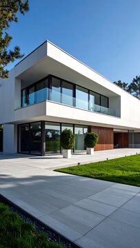 Modern white house with large windows, set in a landscaped yard with grey stone path and green grass, under blue sky