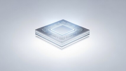 A glowing, futuristic computer chip with intricate patterns on a light background, symbolizing advanced technology and innovation.