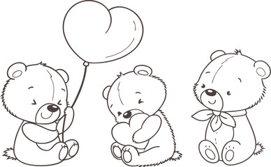 Cute cartoon vector illustration of a funny teddy bear holding a heart for a children coloring book drawing featuring a happy toy animal character for a boy or kid