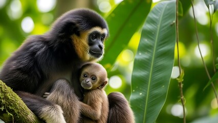 Obraz premium Monkey with Baby in Tropical Forest.