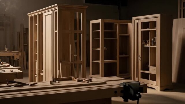 Woodworking workshop interior featuring unfinished wooden cabinets and workbenches, showcasing craftsmanship.