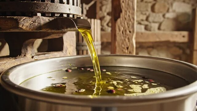 Freshly pressed olive oil pouring into a stainless steel basin in an olive mill