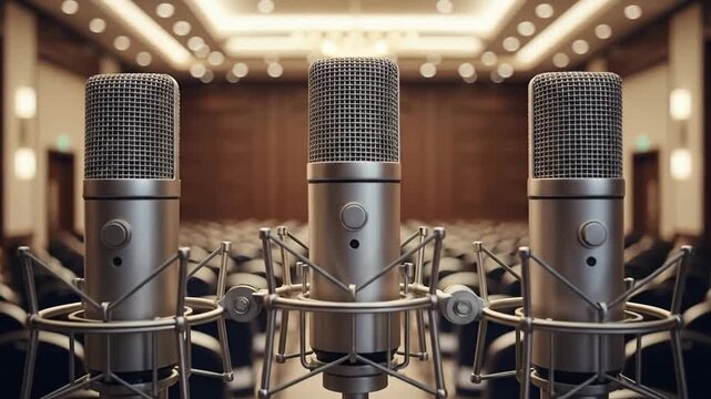 Three vintage microphones stand ready in a grand hall, awaiting a performance.