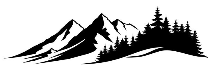 Silhouette mountain range and forest isolated on white background, vector design
