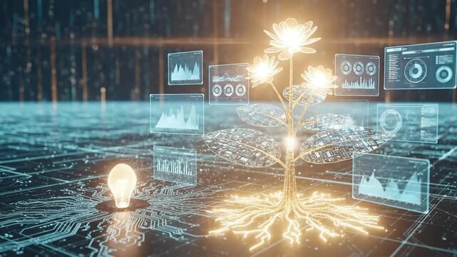 Abstract digital tree growing from a light bulb, surrounded by data charts.