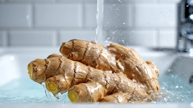 Washing fresh ginger root with water in a white sink with the faucet running and splashing