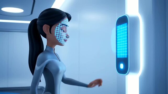 Animated woman uses advanced technology for seamless Biometric Identity Verification with facial recognition in a futuristic setting.