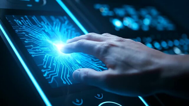Human hand activating a futuristic digital interface with a glowing circuit pattern, representing advanced Biometric Identity Verification for secure data access in a high-tech environment.