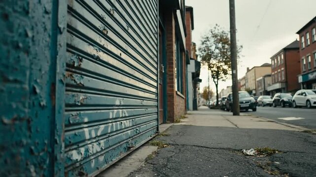 Low angle view of a blue weathered roll-up security shutter on a closed business storefront on a quiet urban street