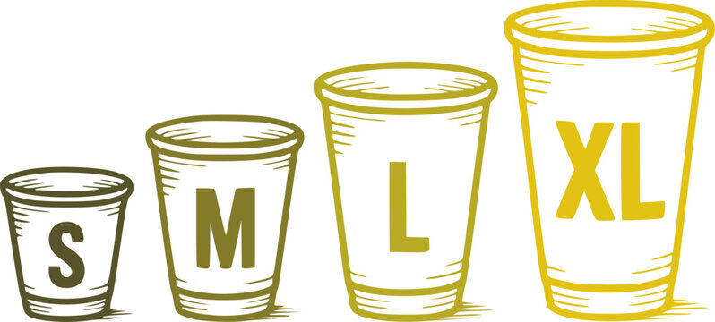 Four style cups in increasing size labeled S M L X L small medium large