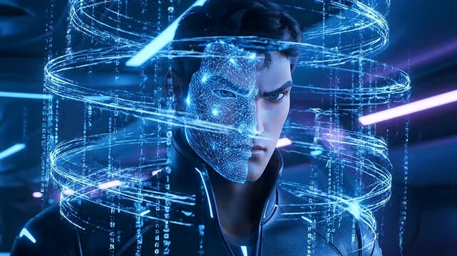 animated man undergoing advanced Biometric Identity Verification, with his face transforming into a glowing wireframe amidst swirling digital data, embodying AI, and the future of cybersecurity.