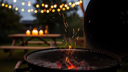 Barbecue grill with glowing embers and string lights