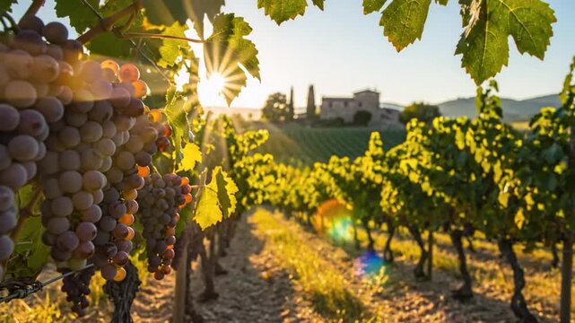 Vineyard landscape with grape vines and ripe fruit bathed in golden sunlight during harvest season at sunset