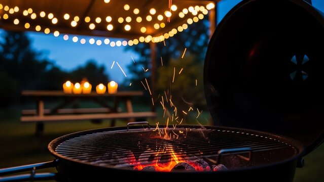 Barbecue grill with glowing embers and string lights