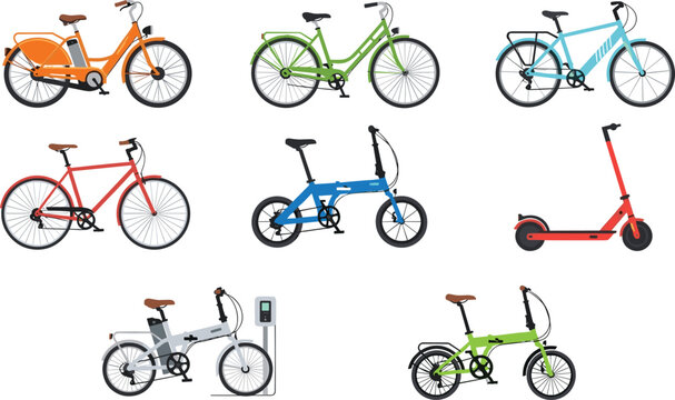 Colorful bicycle and electric scooter collection illustration, urban transport icons set, eco friendly mobility, flat vector design