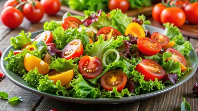 A vibrant mix of juicy tomatoes and crisp greens atop a bed of fresh lettuce, served with a light vinaigrette dressing
